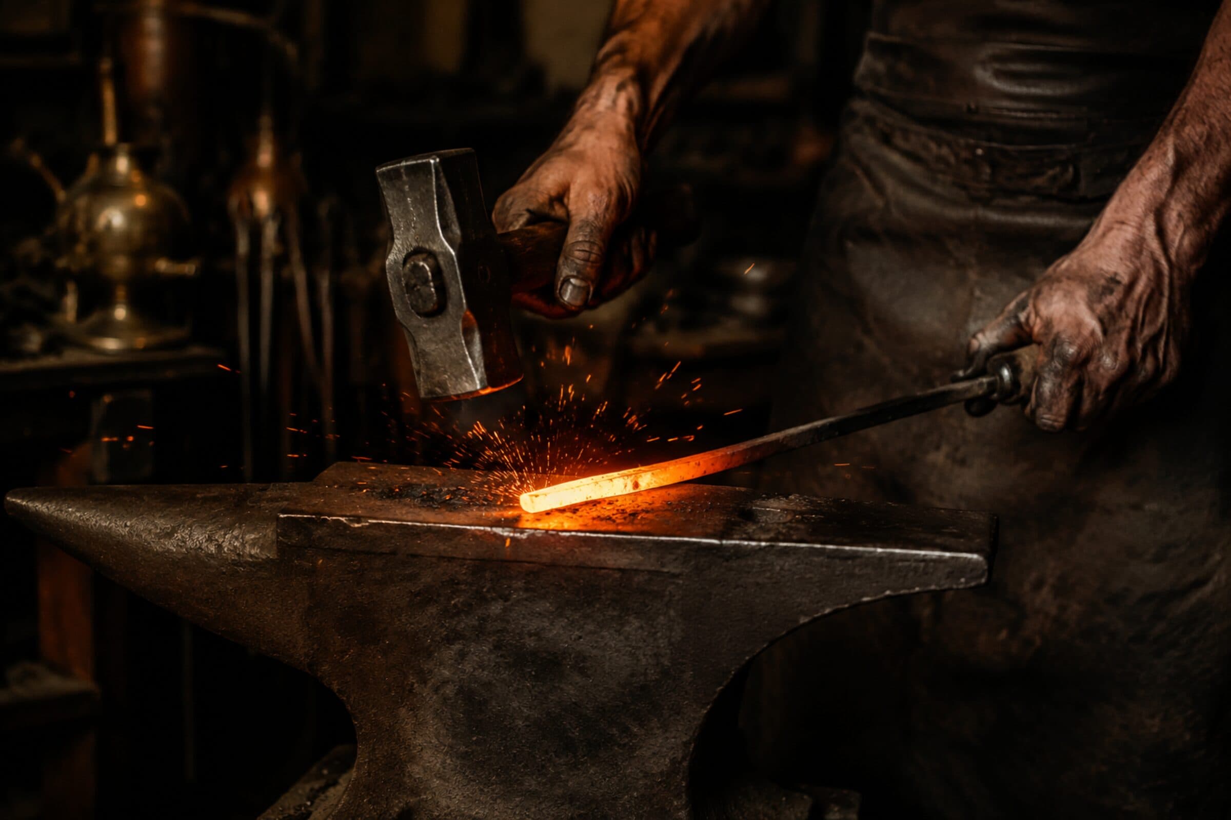 Mains de forgeron sur l'enclume, marteau levé, acier incandescent et gerbe d'étincelles